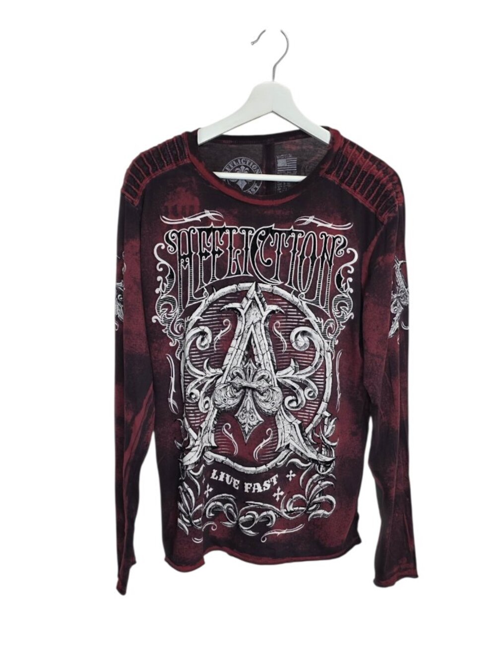 Affliction Men's Graphic Long Sleeve Shirt, Punk, Red, Pullover, Cotton, Size M